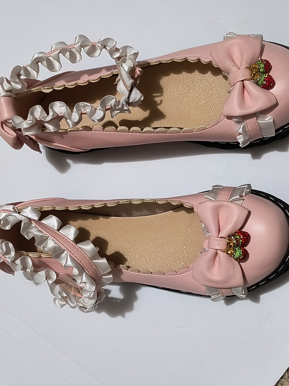Lolita Pink Ruffle Bow Dress Flats with Bead Charm